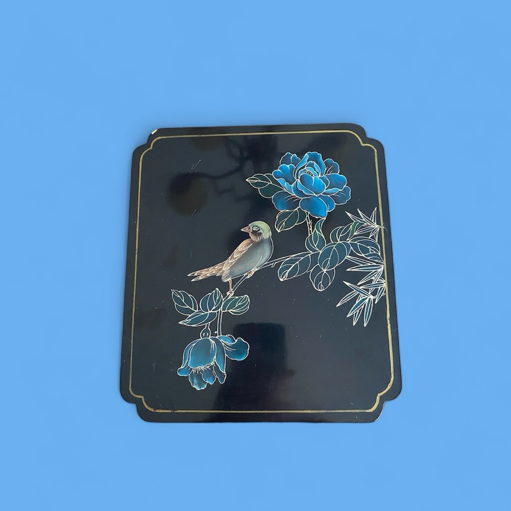 VTG Artware Oriental Lacquer Art Tile Hand Painted Bird Blue Flower Chinoiserie